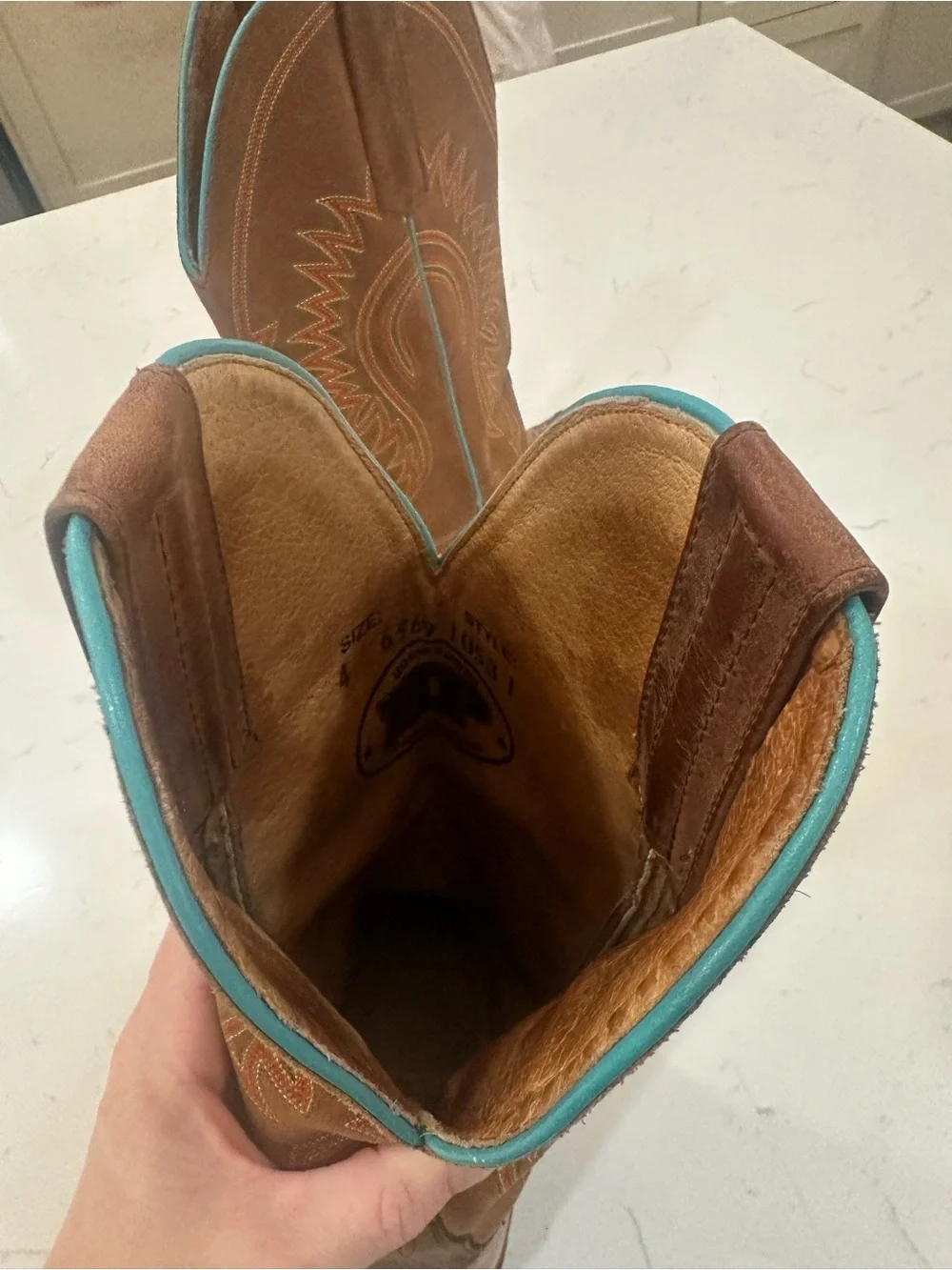 Anderson Bean Patchwork Brown Leather Cowboy Boots w Turquoise Stitching- boys 4